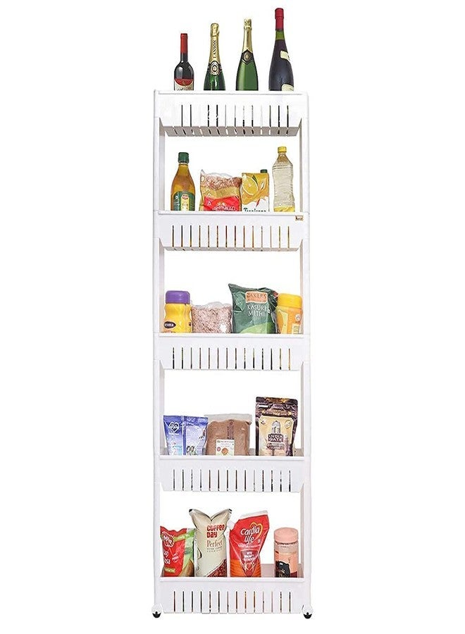VISHVA 5 Layer White Slim Rack Storage Rack Space Saving Slim Side Rack Shelf Storage Organizer Plastic Kitchen Trolley Rack Holder (5 Layer, Slim Rack) - Image 2